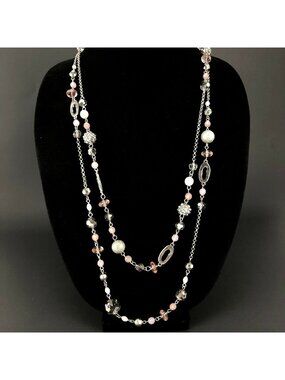 Kohls Metal Necklace Long Double Strand Chain Silver Tone with Mauve Beads
